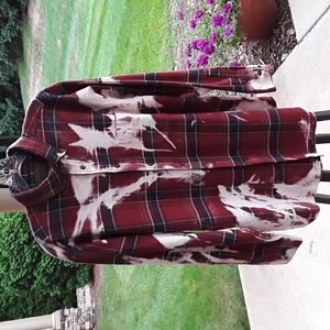 GRUNGE St. John's Bay Bleach Dye Flannel Shirt Medium Brown Plaid Left Pocket